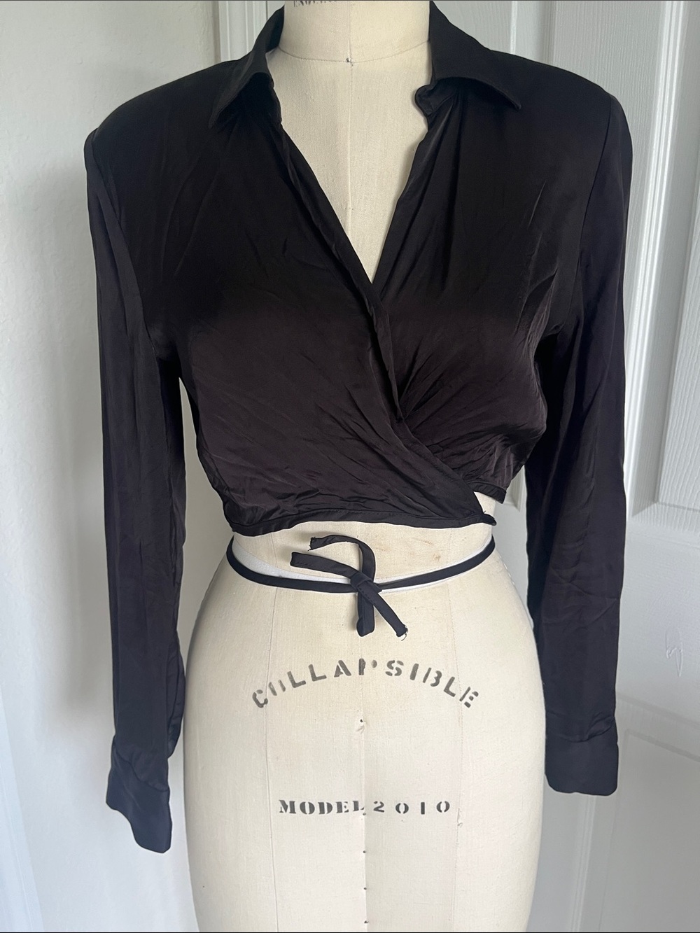 Zara Black Tie Wrap-Front Button-Down Crop Shirt  Festival Whimsigoth Witchy